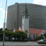 Harare: downtown business district - church backed by a hotel