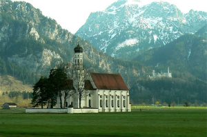 King Ludwig's Castle Neuschwanstein, Bavaria, seen in the distance from