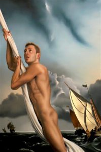Painting of Matthew Mitchum by artist Ross Watson who poses