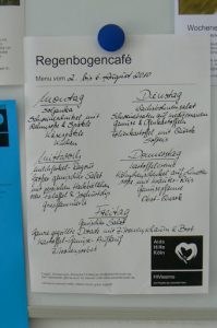 Daily menu at Cafe Rainbow at AIDS Hilfe where inexpensive