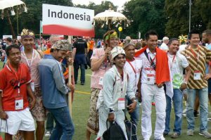 Athletes from Indonesia gather to enter the stadium. There were