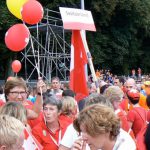 Athletes (from Switzerland) gather outside to form the procession to