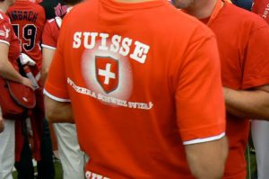 Athletes (Team Switzerland) gather outside to form the procession to