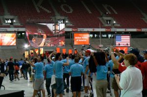 Procession of athletes from 40 nations entering the RhineEnergie stadium