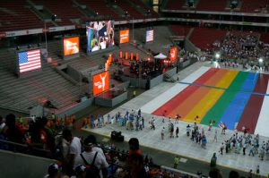 Procession of athletes from 40 nations entering the RhineEnergie stadium