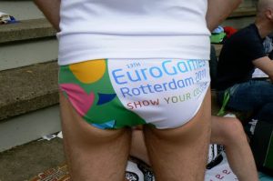 Dutch swimmer advertising the next EuroGames in 2011 at Rotterdam