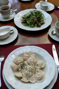 Lunch at Pushkin Cafe--salmon dumplings and mixed salad