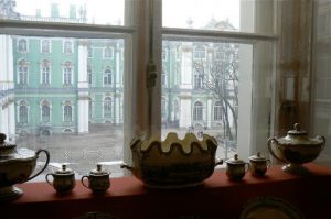 Porcelain pieces in the window overlooking the courtyard