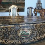 Elaborate metal and wood inlay table top