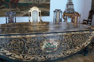 Elaborate metal and wood inlay table top