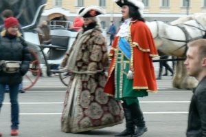 Outside the Hermitage are period carriages and characters for tourists.