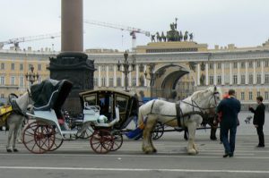 Outside the Hermitage are period carriages and characters for tourists.