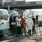 Camera crew outside Kultury Park station