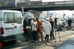 Camera crew outside Kultury Park station