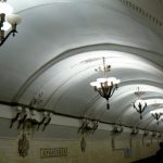 Moscow subway hallway with floral chandeliers