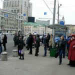 People emerging from Park Kultury station looking for alternative transportation