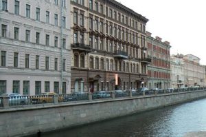 Residential apartment buildings along the Griboedov Canal. In the center