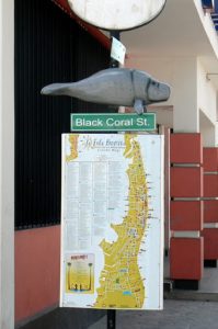 Many of the street signs have maps and fish models