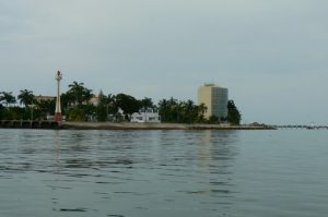 View of the lighthouse and condo tower from the water