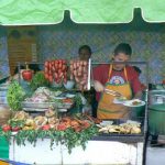 Many food stalls on the plaza