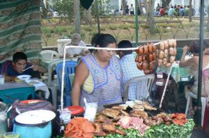 Many food stalls on the plaza