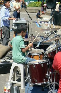 Boy drummer in a Christian band