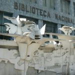 Library and sculpture in central plaza