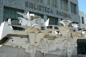 Library and sculpture in central plaza