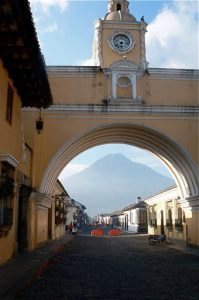 Volcano viewed through clock tower