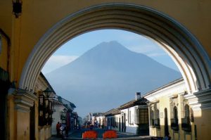 Volcano viewed through clock tower