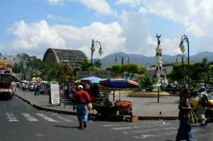 Parque Libertad with El Rosario church in background