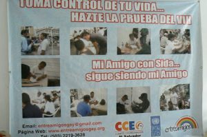 Poster showing the various functions of Entreamigos: HIV education, public