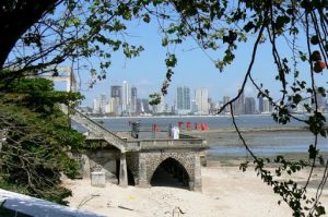 Small beach area in old town looking toward new city