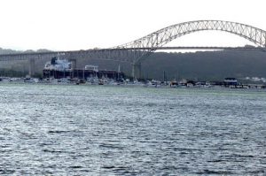 Cargo ship entering north into the canal