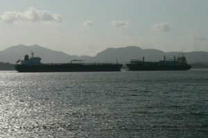 Cargo ships coming and going from the Canal