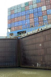 Huge cargo ship inside a lock
