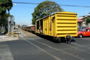 Train tracks go through the middle of the city