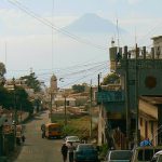 Entering the city of Panajachel on Lake Atitlan with volcano