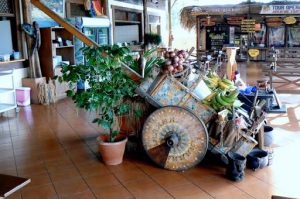 Colorful wagon at a restaurant