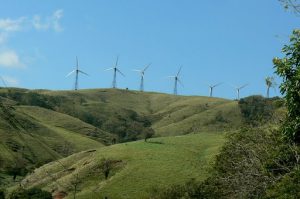 Departing from Arenal; wind farm in the hills