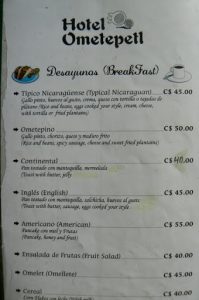 Hotel Ometepetl menu