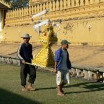 Ceremonial offering at Pha That Luang national monument in Vientiane