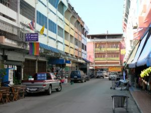 Back street with rainbow flag at a gay sauna