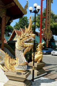 Dragon detail at rntrance to main temple Wat Klang Wiang