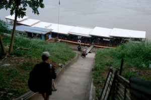 Approaching our boat on the Mekong River in Luang
