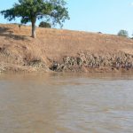 Workers hand digging a road along the river