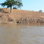 Workers hand digging a road along the river