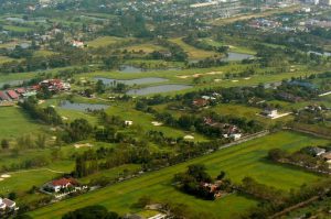 Aerial view of Bangkok area with golf course