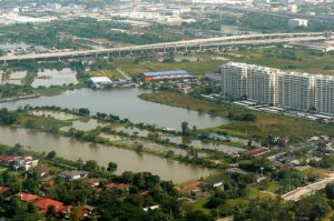 Aerial view of Bangkok area with elevated highway and condo