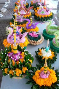 Floral arrangements for the Loy Krathong Festival; Loi Krathong takes place